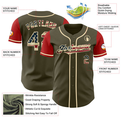 Custom Olive Vintage USA Flag Red-Cream Authentic Two Tone Salute To Service Baseball Jersey - Sky-Custom
