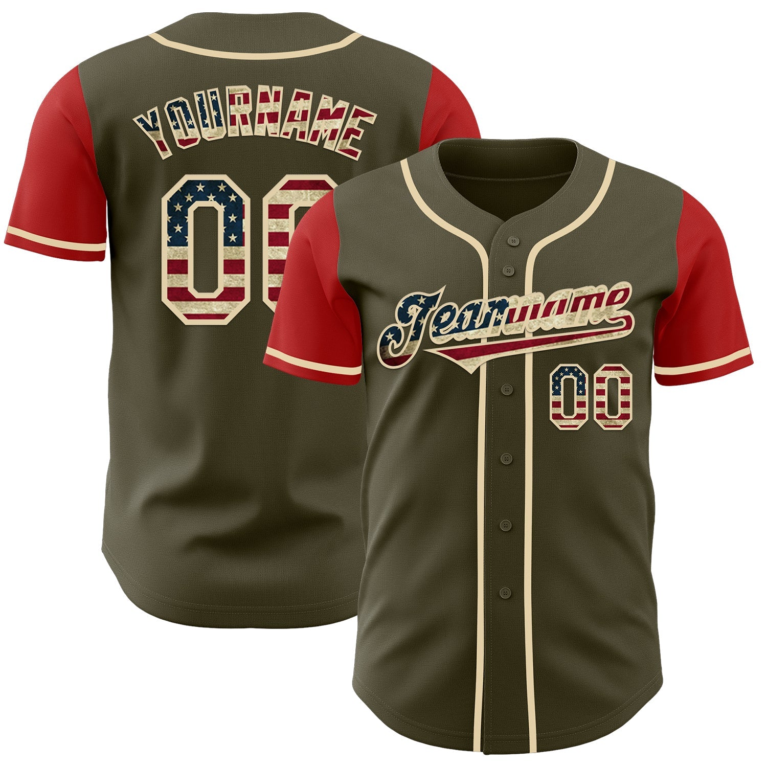 Custom Olive Vintage USA Flag Red-Cream Authentic Two Tone Salute To Service Baseball Jersey - Sky-Custom
