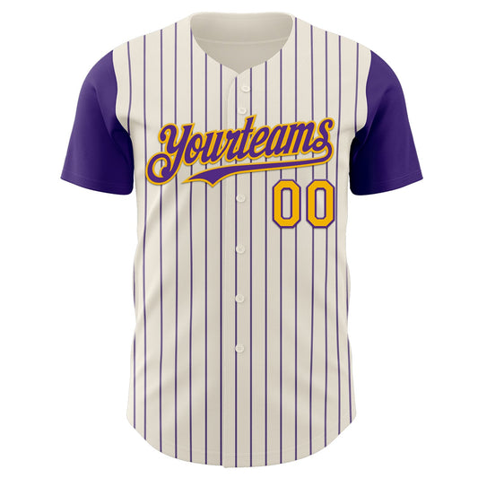 Custom Cream Purple Pinstripe Gold Authentic Two Tone Baseball Jersey - Sky-Custom