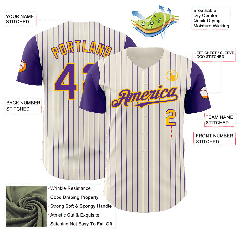 Custom Cream Purple Pinstripe Gold Authentic Two Tone Baseball Jersey - Sky-Custom