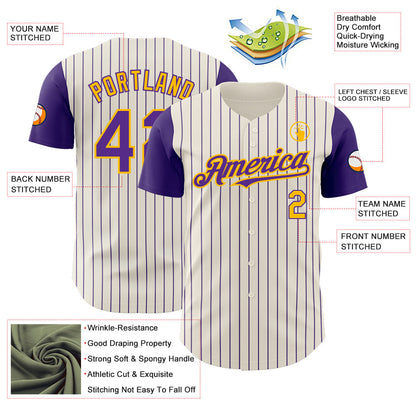 Custom Cream Purple Pinstripe Gold Authentic Two Tone Baseball Jersey - Sky-Custom