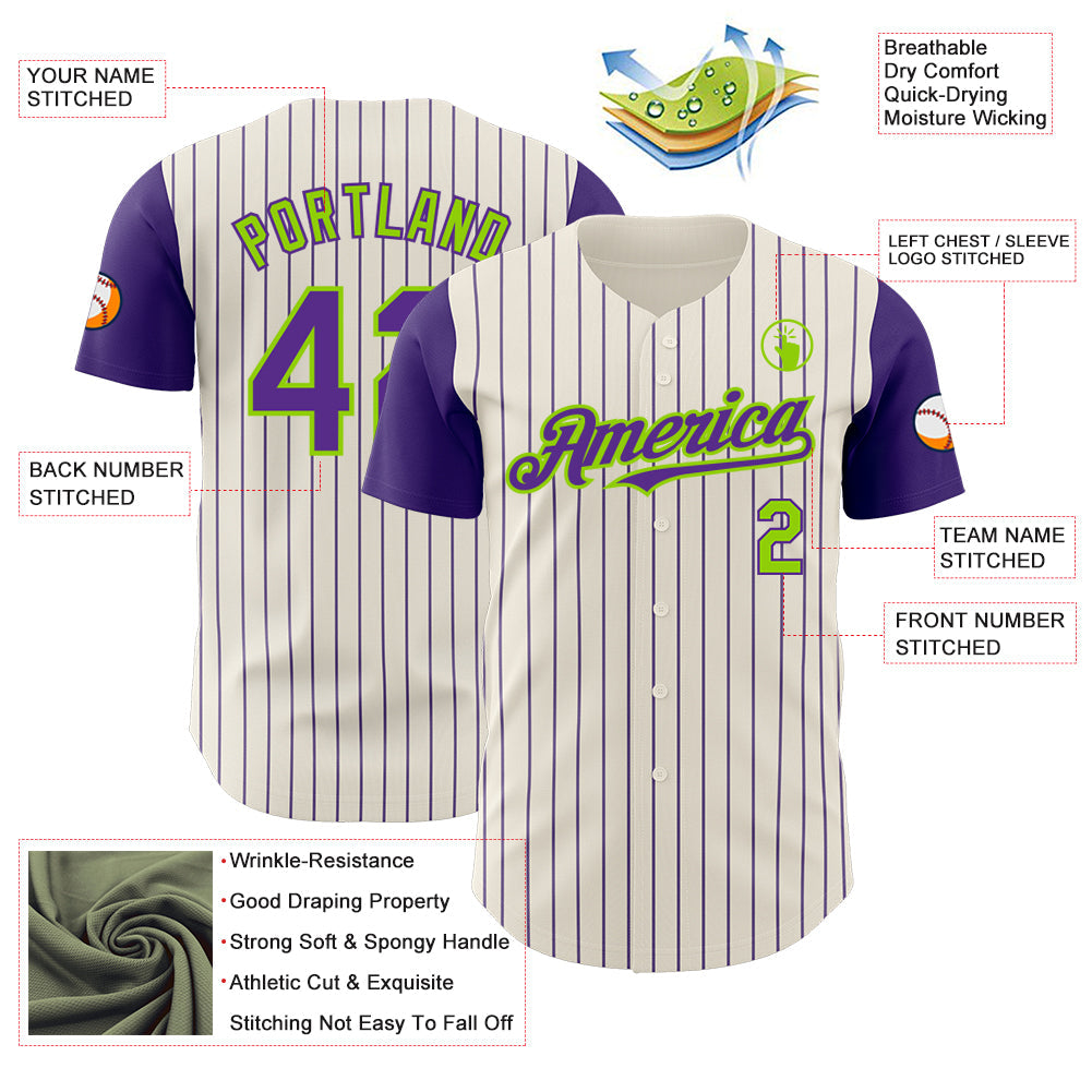 Custom Cream Purple Pinstripe Neon Green Authentic Two Tone Baseball Jersey - Sky-Custom