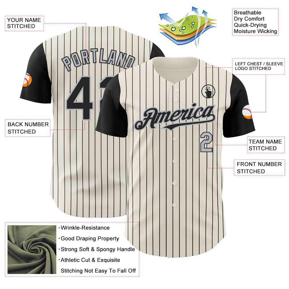 Custom Cream Black Pinstripe Gray Authentic Two Tone Baseball Jersey - Sky-Custom