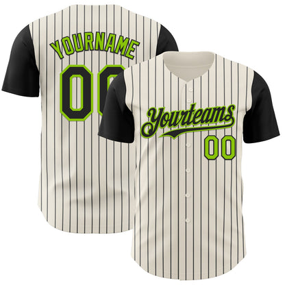 Custom Cream Black Pinstripe Neon Green Authentic Two Tone Baseball Jersey - Sky-Custom