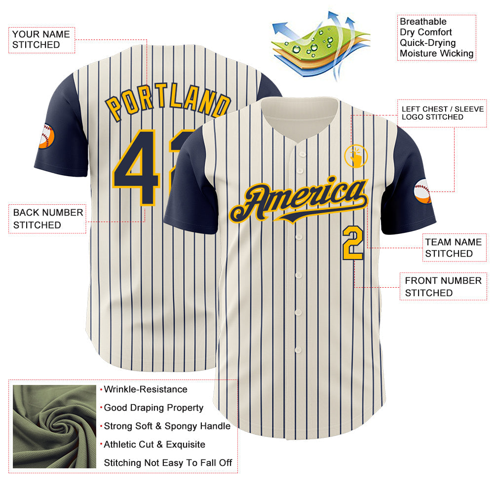 Custom Cream Navy Pinstripe Gold Authentic Two Tone Baseball Jersey - Sky-Custom