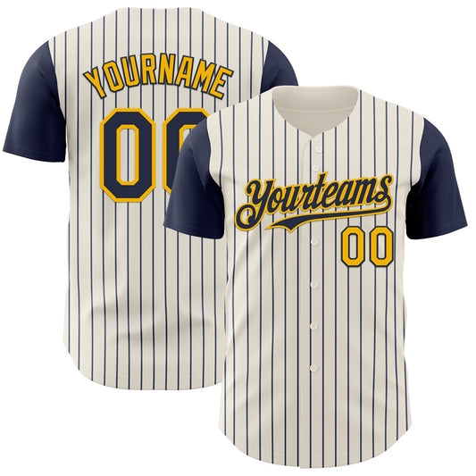 Custom Cream Navy Pinstripe Gold Authentic Two Tone Baseball Jersey - Sky-Custom
