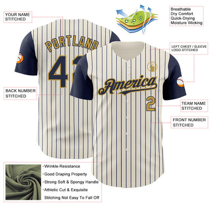 Custom Cream Navy Pinstripe Old Gold Authentic Two Tone Baseball Jersey - Sky-Custom