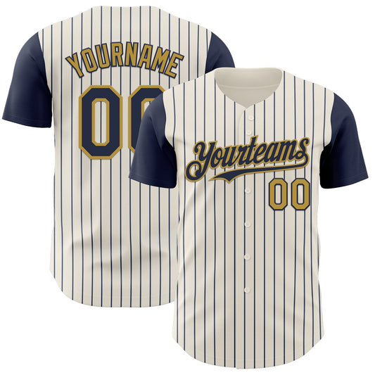 Custom Cream Navy Pinstripe Old Gold Authentic Two Tone Baseball Jersey - Sky-Custom
