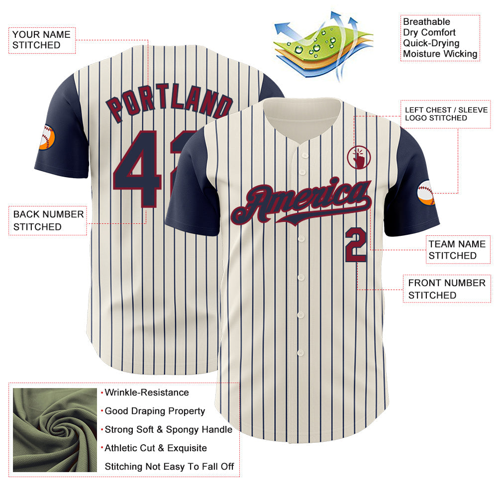 Custom Cream Navy Pinstripe Crimson Authentic Two Tone Baseball Jersey - Sky-Custom