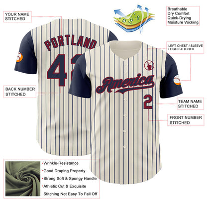 Custom Cream Navy Pinstripe Crimson Authentic Two Tone Baseball Jersey - Sky-Custom