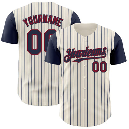 Custom Cream Navy Pinstripe Crimson Authentic Two Tone Baseball Jersey - Sky-Custom