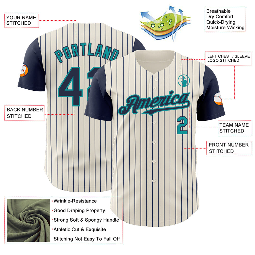 Custom Cream Navy Pinstripe Teal Authentic Two Tone Baseball Jersey - Sky-Custom