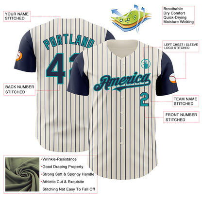 Custom Cream Navy Pinstripe Teal Authentic Two Tone Baseball Jersey - Sky-Custom