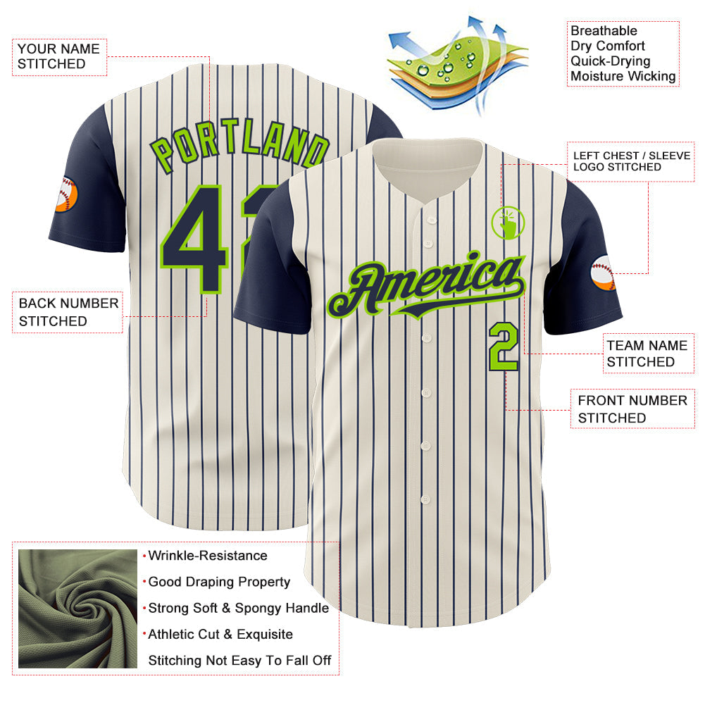 Custom Cream Navy Pinstripe Neon Green Authentic Two Tone Baseball Jersey - Sky-Custom