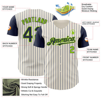 Custom Cream Navy Pinstripe Neon Green Authentic Two Tone Baseball Jersey - Sky-Custom