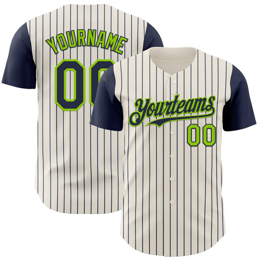 Custom Cream Navy Pinstripe Neon Green Authentic Two Tone Baseball Jersey - Sky-Custom
