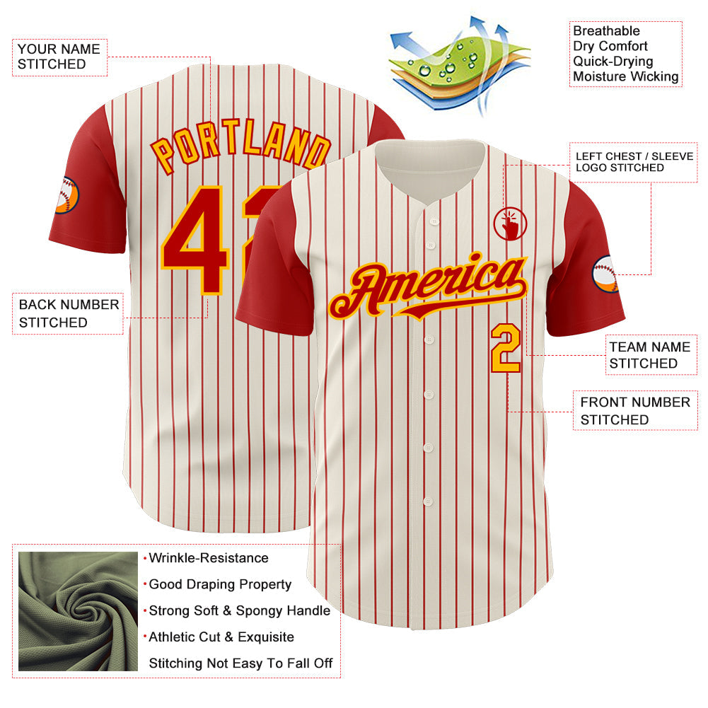 Custom Cream Red Pinstripe Gold Authentic Two Tone Baseball Jersey - Sky-Custom