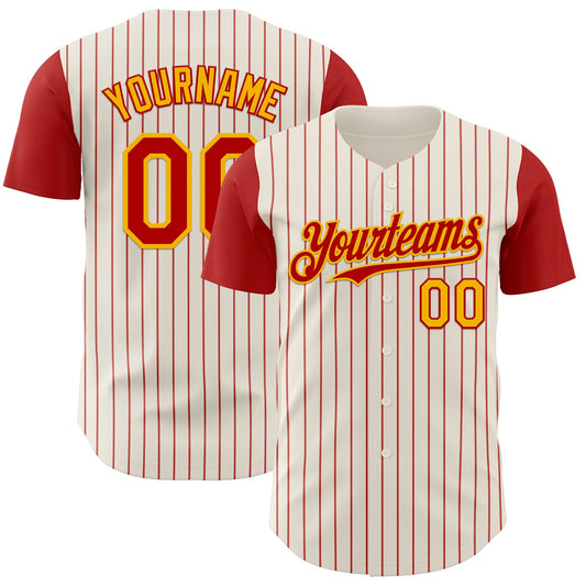Custom Cream Red Pinstripe Gold Authentic Two Tone Baseball Jersey - Sky-Custom