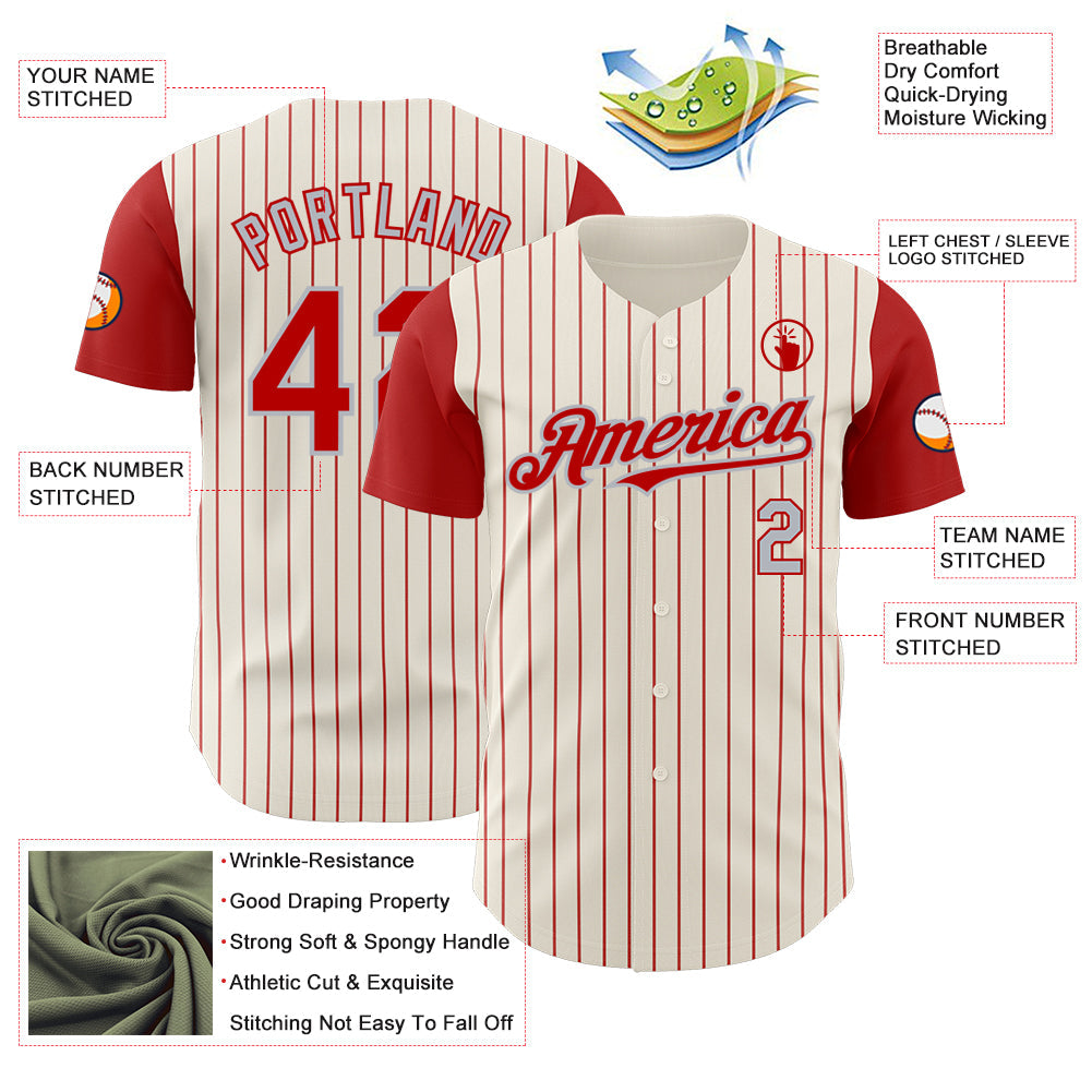 Custom Cream Red Pinstripe Gray Authentic Two Tone Baseball Jersey - Sky-Custom