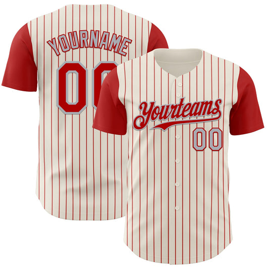 Custom Cream Red Pinstripe Gray Authentic Two Tone Baseball Jersey - Sky-Custom