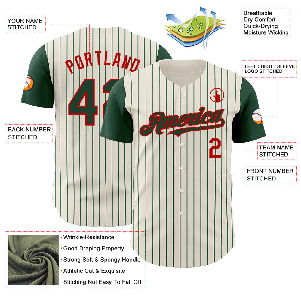 Custom Cream Green Pinstripe Red Authentic Two Tone Baseball Jersey - Sky-Custom