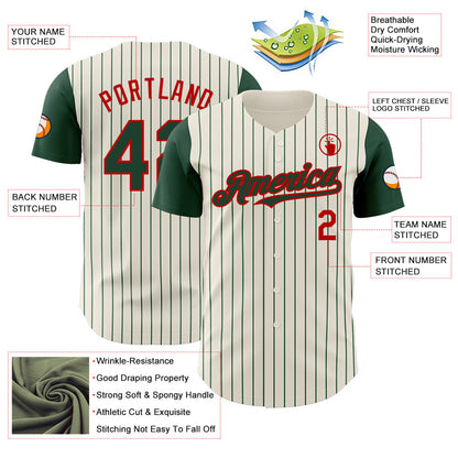 Custom Cream Green Pinstripe Red Authentic Two Tone Baseball Jersey - Sky-Custom