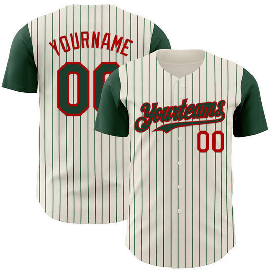 Custom Cream Green Pinstripe Red Authentic Two Tone Baseball Jersey - Sky-Custom