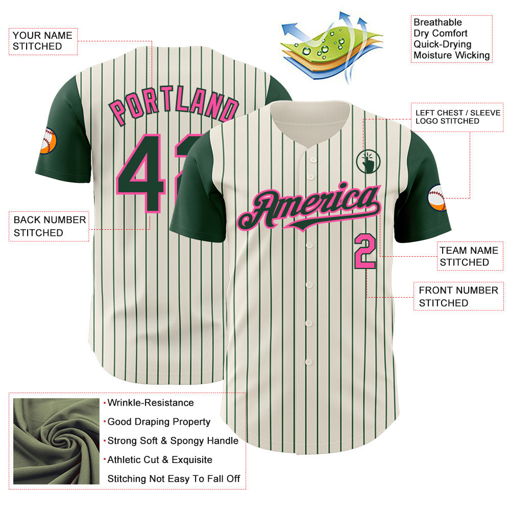 Custom Cream Green Pinstripe Pink Authentic Two Tone Baseball Jersey - Sky-Custom