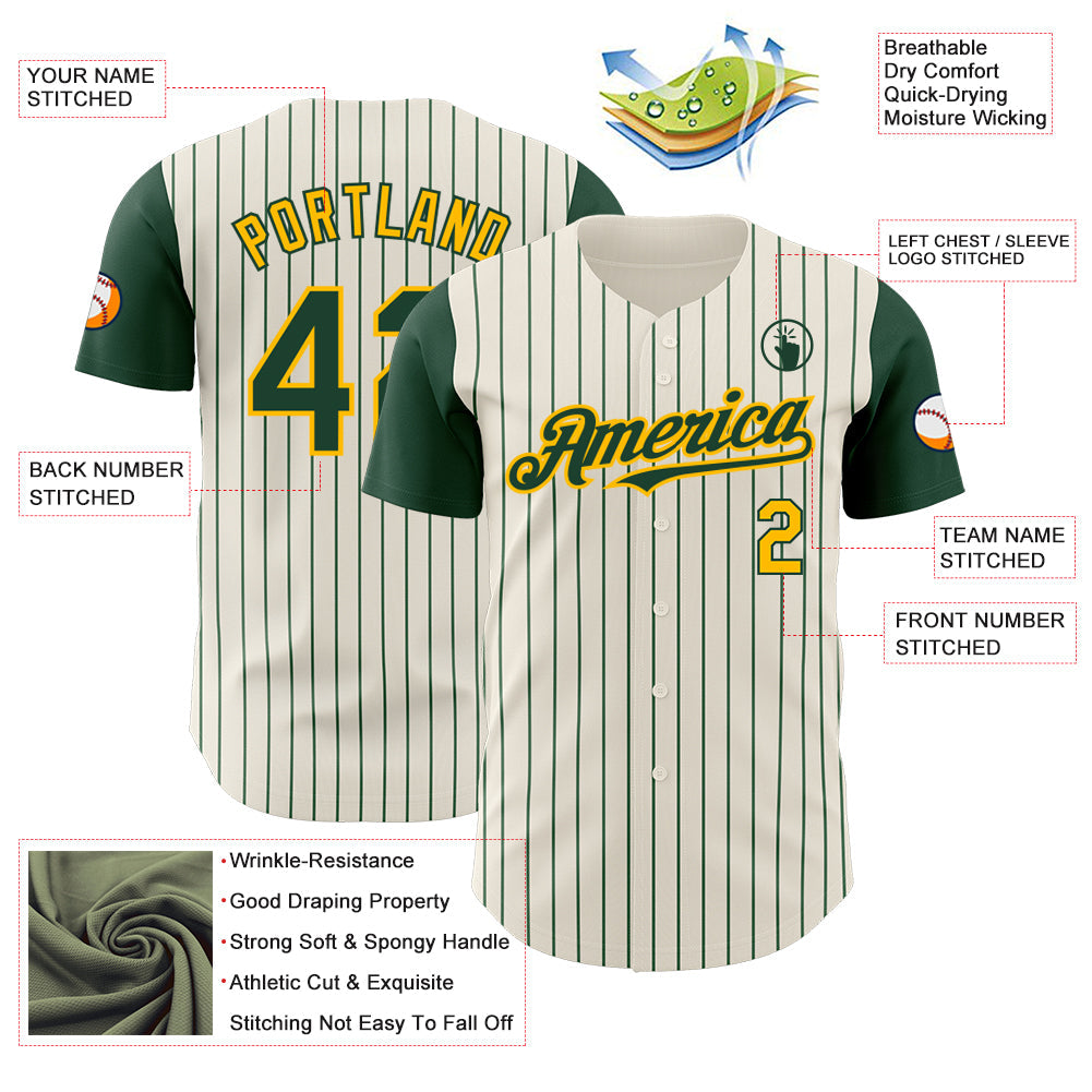 Custom Cream Green Pinstripe Gold Authentic Two Tone Baseball Jersey - Sky-Custom