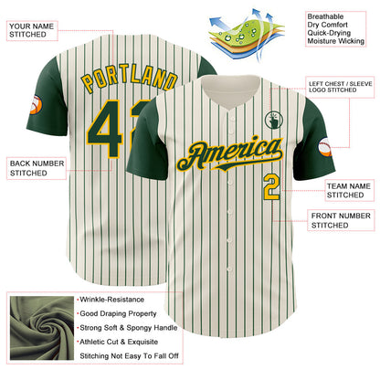 Custom Cream Green Pinstripe Gold Authentic Two Tone Baseball Jersey - Sky-Custom