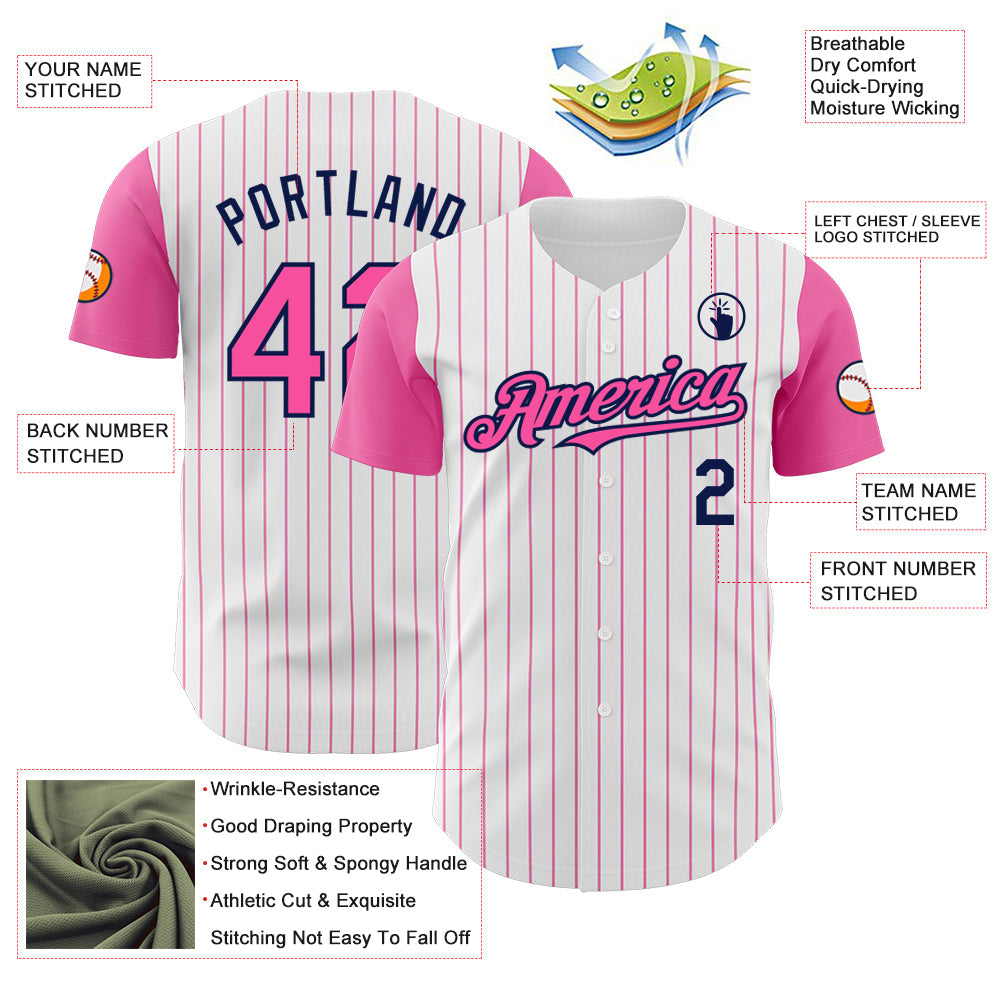 Custom White Pink Pinstripe Navy Authentic Two Tone Baseball Jersey - Sky-Custom