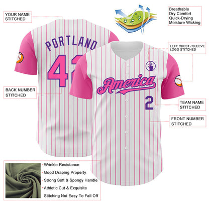 Custom White Pink Pinstripe Purple Authentic Two Tone Baseball Jersey - Sky-Custom