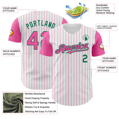 Custom White Pink Pinstripe Kelly Green Authentic Two Tone Baseball Jersey - Sky-Custom