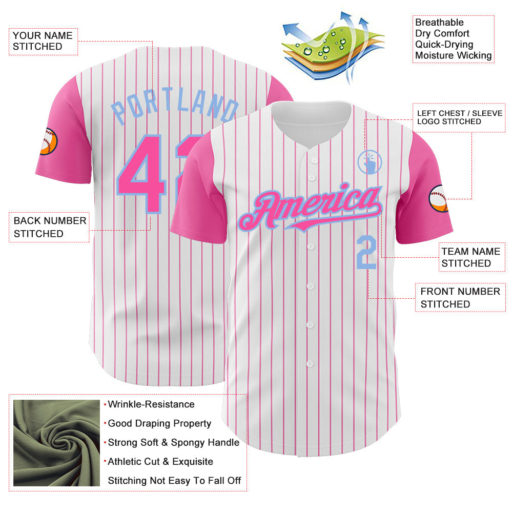 Custom White Pink Pinstripe Light Blue Authentic Two Tone Baseball Jersey - Sky-Custom