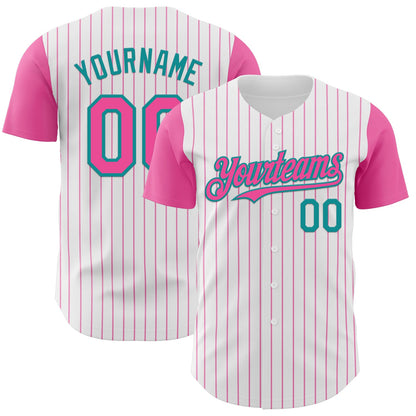 Custom White Pink Pinstripe Teal Authentic Two Tone Baseball Jersey - Sky-Custom