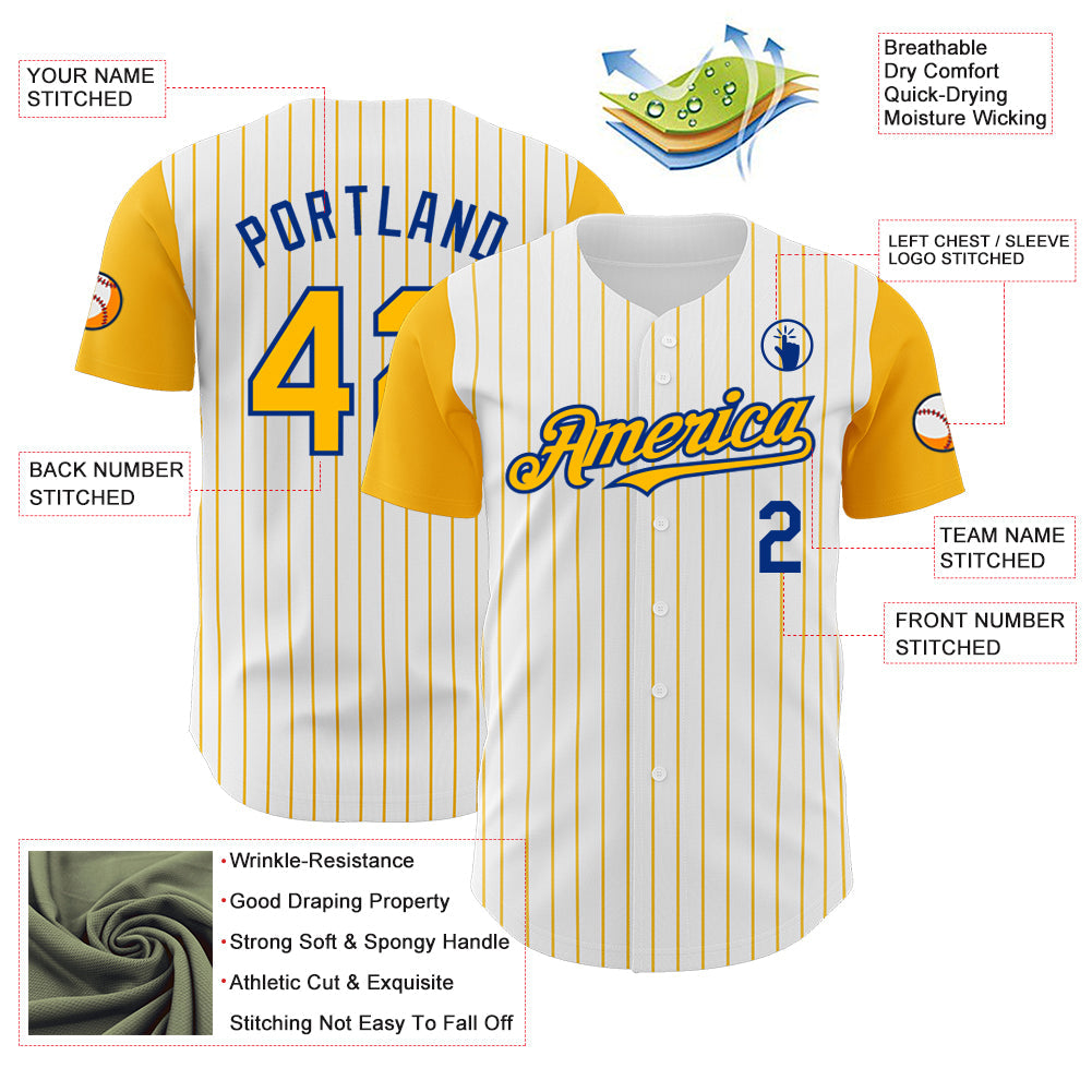 Custom White Gold Pinstripe Royal Authentic Two Tone Baseball Jersey - Sky-Custom