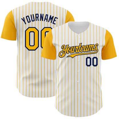 Custom White Gold Pinstripe Navy Authentic Two Tone Baseball Jersey - Sky-Custom