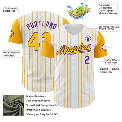 Custom White Gold Pinstripe Purple Authentic Two Tone Baseball Jersey - Sky-Custom