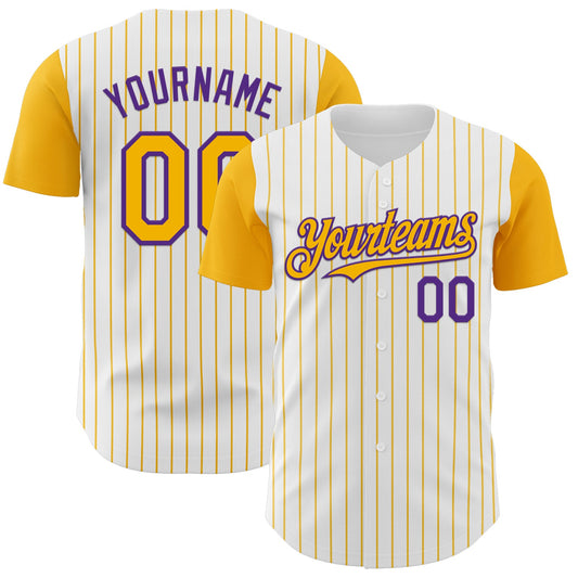 Custom White Gold Pinstripe Purple Authentic Two Tone Baseball Jersey - Sky-Custom