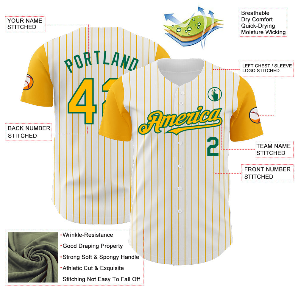 Custom White Gold Pinstripe Kelly Green Authentic Two Tone Baseball Jersey - Sky-Custom