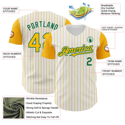 Custom White Gold Pinstripe Kelly Green Authentic Two Tone Baseball Jersey - Sky-Custom