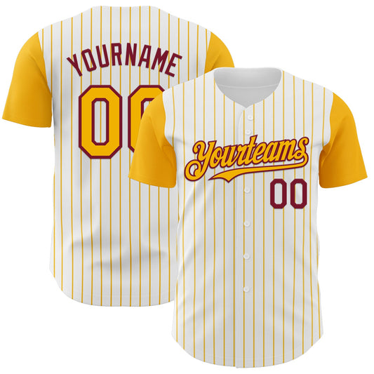 Custom White Gold Pinstripe Crimson Authentic Two Tone Baseball Jersey - Sky-Custom