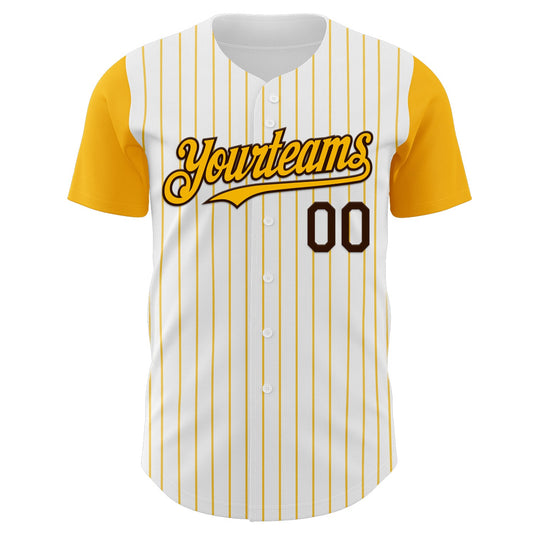 Custom White Gold Pinstripe Brown Authentic Two Tone Baseball Jersey - Sky-Custom