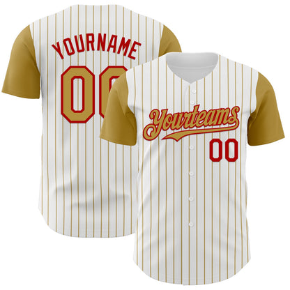 Custom White Old Gold Pinstripe Red Authentic Two Tone Baseball Jersey - Sky-Custom