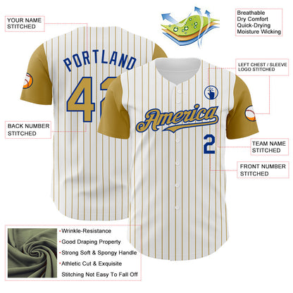 Custom White Old Gold Pinstripe Royal Authentic Two Tone Baseball Jersey - Sky-Custom