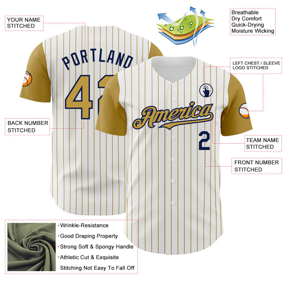 Custom White Old Gold Pinstripe Navy Authentic Two Tone Baseball Jersey - Sky-Custom