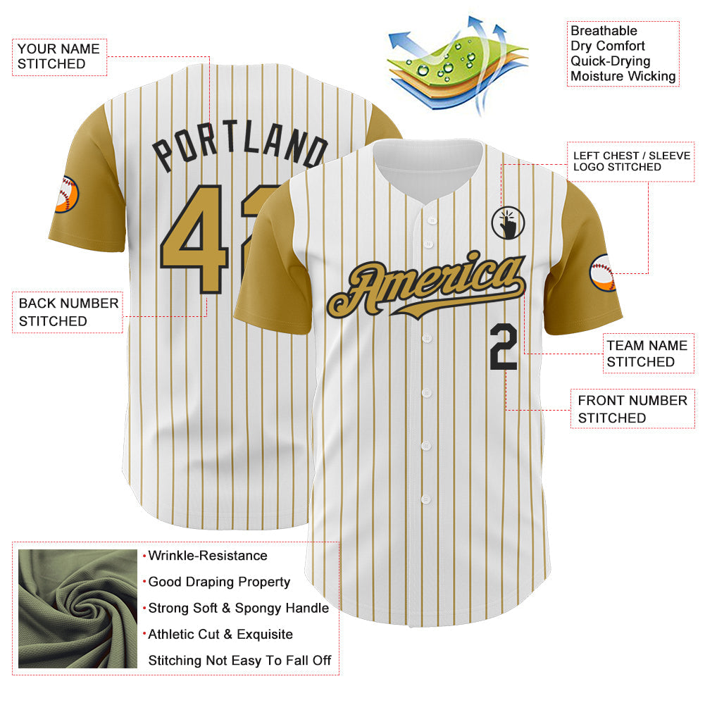 Custom White Old Gold Pinstripe Black Authentic Two Tone Baseball Jersey - Sky-Custom
