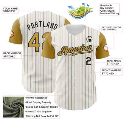 Custom White Old Gold Pinstripe Black Authentic Two Tone Baseball Jersey - Sky-Custom