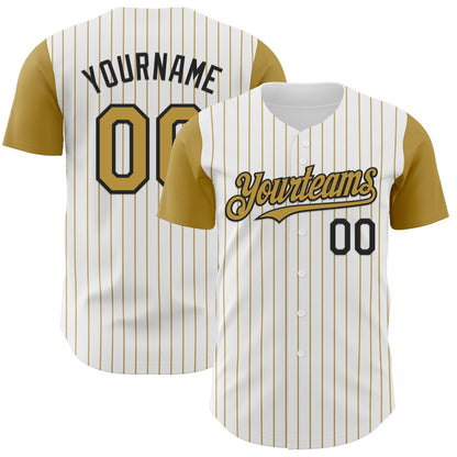 Custom White Old Gold Pinstripe Black Authentic Two Tone Baseball Jersey - Sky-Custom