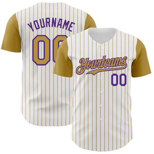 Custom White Old Gold Pinstripe Purple Authentic Two Tone Baseball Jersey - Sky-Custom